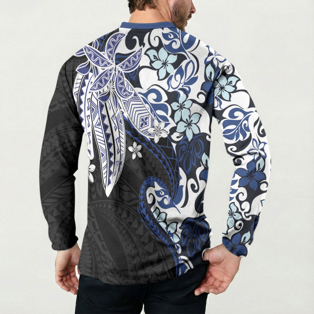 Monstera Plumeria Flowers Blue Button Sweatshirt Polynesian Pattern LT01 - Polynesian Pride