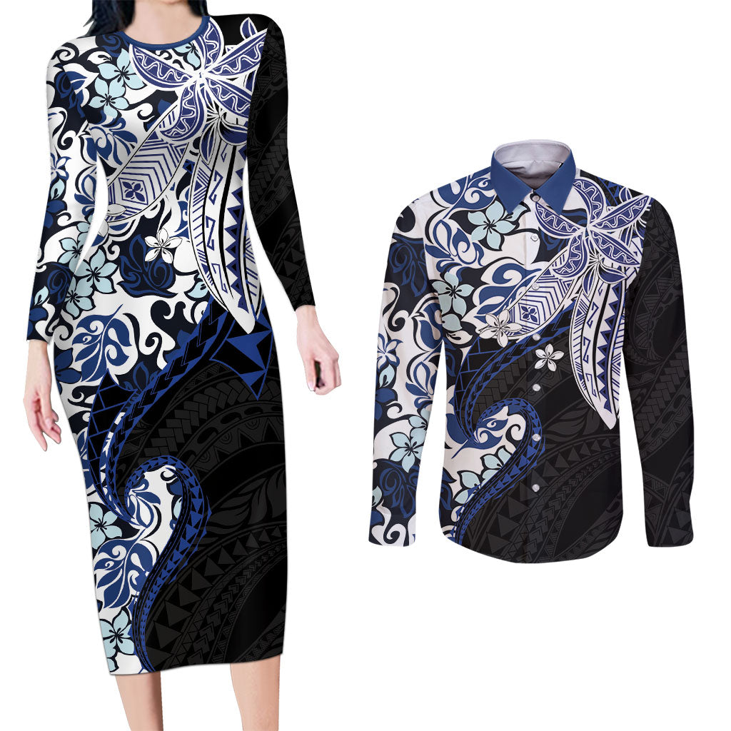 Monstera Plumeria Flowers Blue Couples Matching Long Sleeve Bodycon Dress and Long Sleeve Button Shirt Polynesian Pattern LT01 Blue - Polynesian Pride