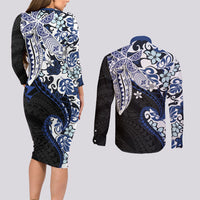 Monstera Plumeria Flowers Blue Couples Matching Long Sleeve Bodycon Dress and Long Sleeve Button Shirt Polynesian Pattern LT01 - Polynesian Pride