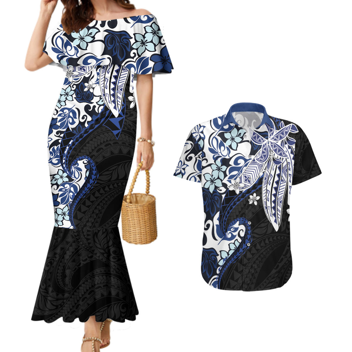 Monstera Plumeria Flowers Blue Couples Matching Mermaid Dress and Hawaiian Shirt Polynesian Pattern