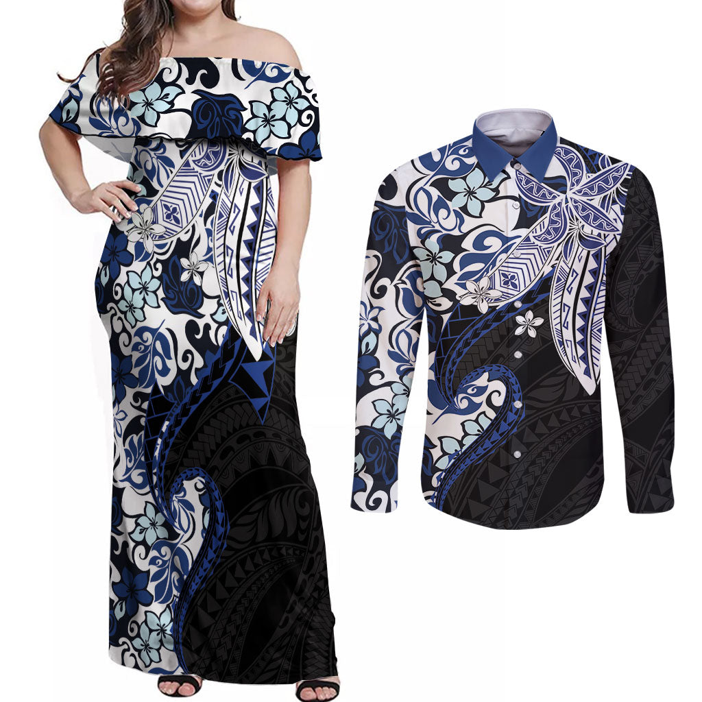 Monstera Plumeria Flowers Blue Couples Matching Off Shoulder Maxi Dress and Long Sleeve Button Shirt Polynesian Pattern LT01 Blue - Polynesian Pride
