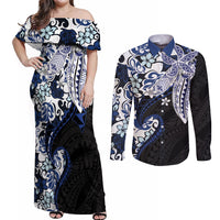 Monstera Plumeria Flowers Blue Couples Matching Off Shoulder Maxi Dress and Long Sleeve Button Shirt Polynesian Pattern LT01 Blue - Polynesian Pride