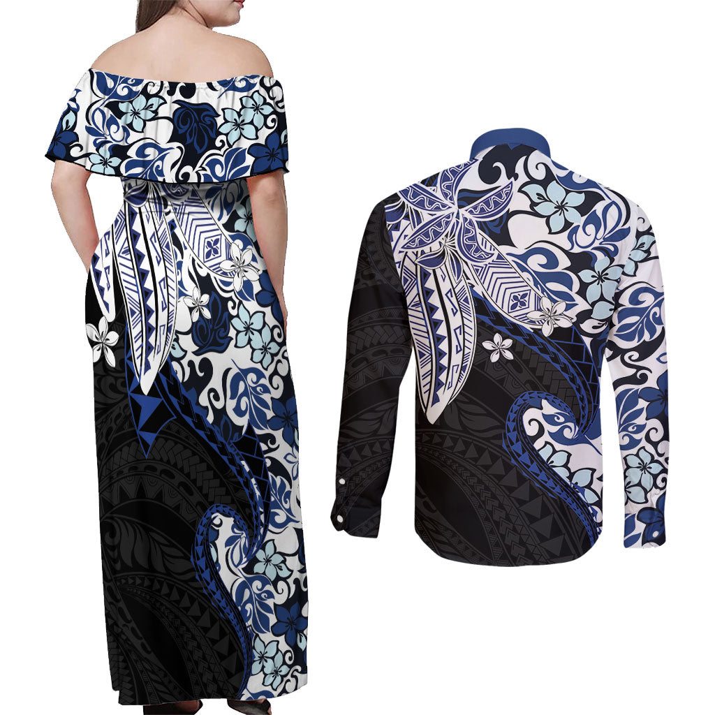 Monstera Plumeria Flowers Blue Couples Matching Off Shoulder Maxi Dress and Long Sleeve Button Shirt Polynesian Pattern LT01 - Polynesian Pride