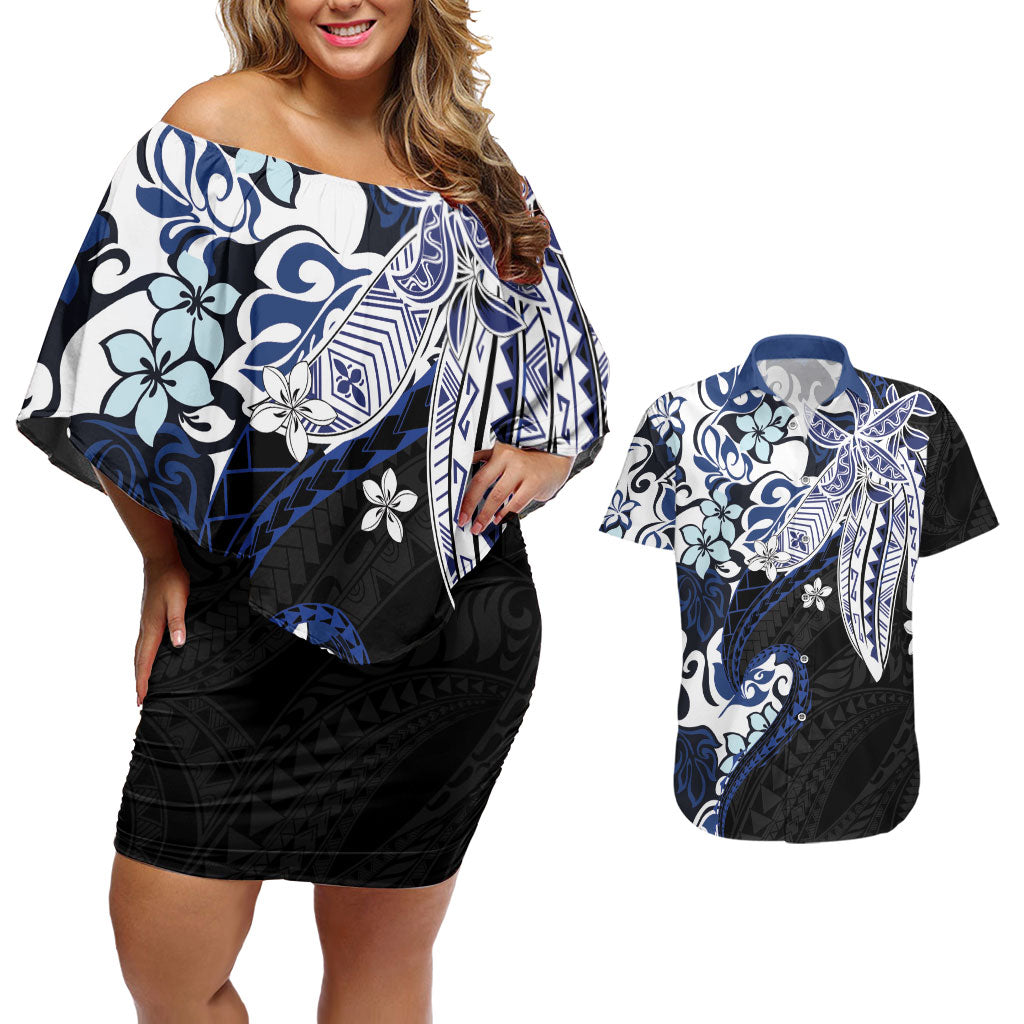 Monstera Plumeria Flowers Blue Couples Matching Off Shoulder Short Dress and Hawaiian Shirt Polynesian Pattern LT01 Blue - Polynesian Pride