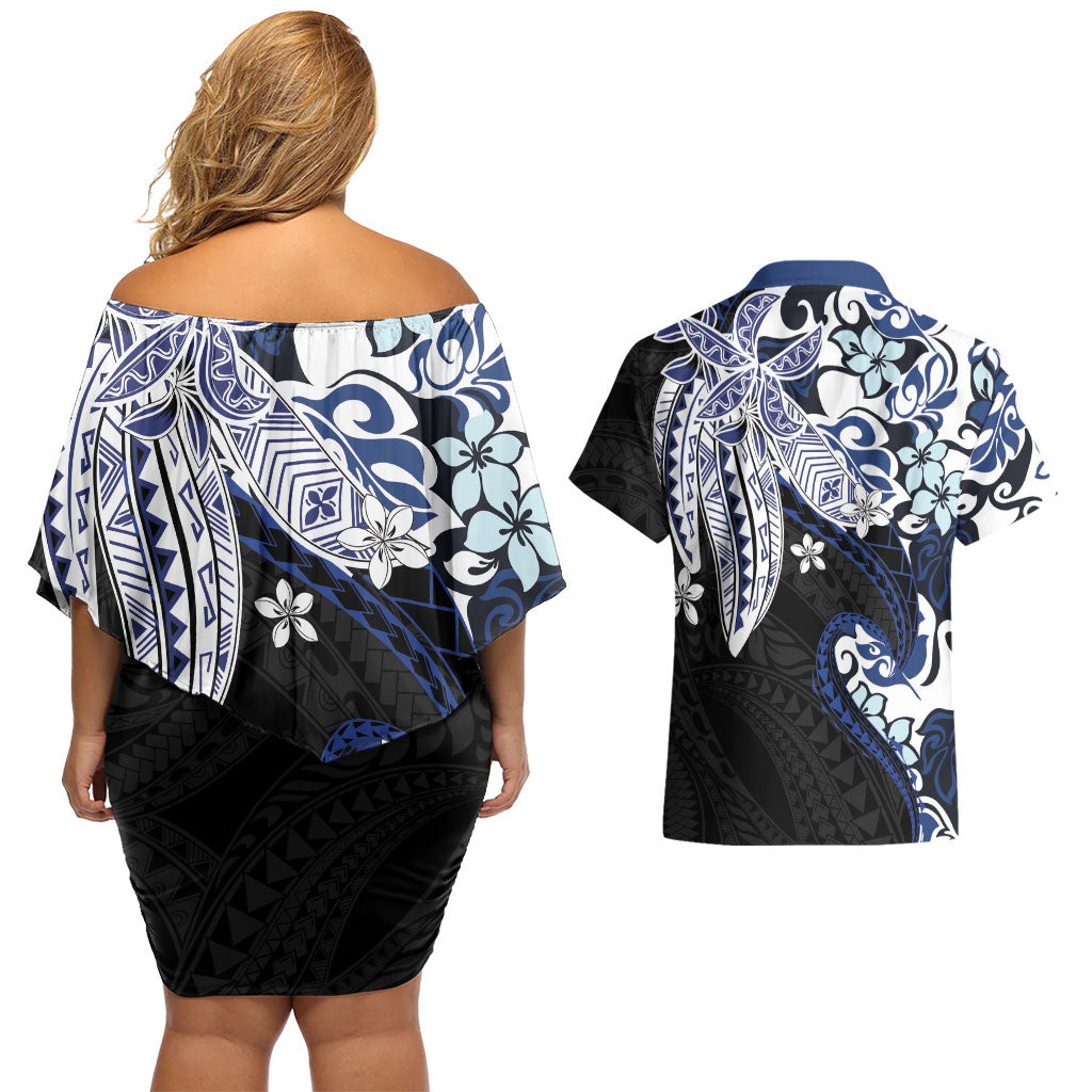 Monstera Plumeria Flowers Blue Couples Matching Off Shoulder Short Dress and Hawaiian Shirt Polynesian Pattern LT01 - Polynesian Pride