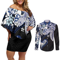 Monstera Plumeria Flowers Blue Couples Matching Off Shoulder Short Dress and Long Sleeve Button Shirt Polynesian Pattern LT01 Blue - Polynesian Pride