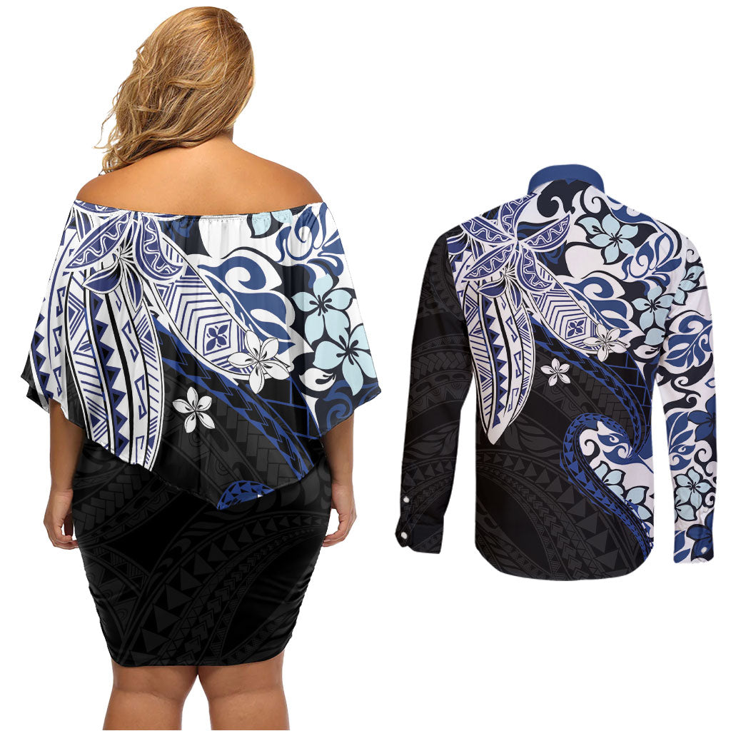 Monstera Plumeria Flowers Blue Couples Matching Off Shoulder Short Dress and Long Sleeve Button Shirt Polynesian Pattern LT01 - Polynesian Pride