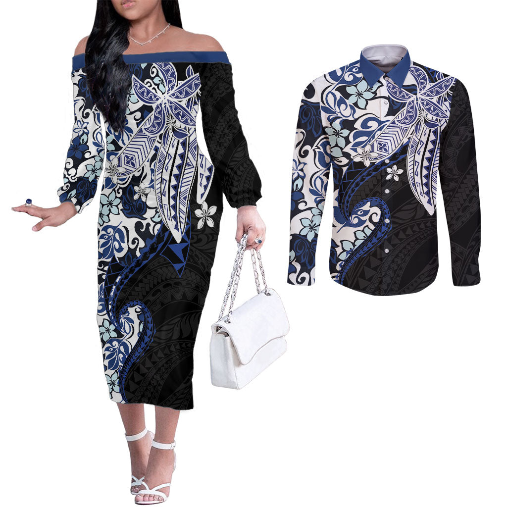 Monstera Plumeria Flowers Blue Couples Matching Off The Shoulder Long Sleeve Dress and Long Sleeve Button Shirt Polynesian Pattern LT01 Blue - Polynesian Pride