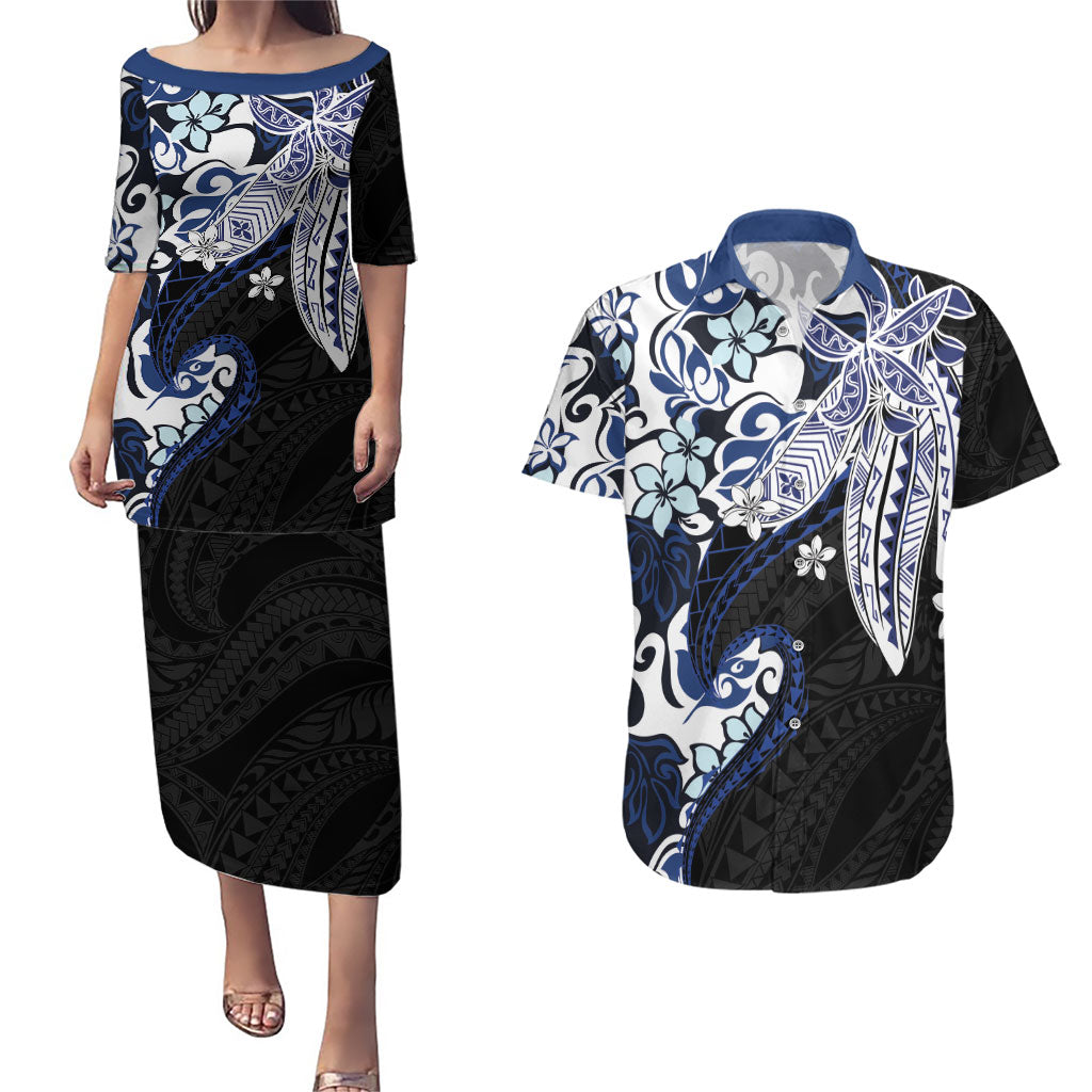 Monstera Plumeria Flowers Blue Couples Matching Puletasi and Hawaiian Shirt Polynesian Pattern LT01 Blue - Polynesian Pride