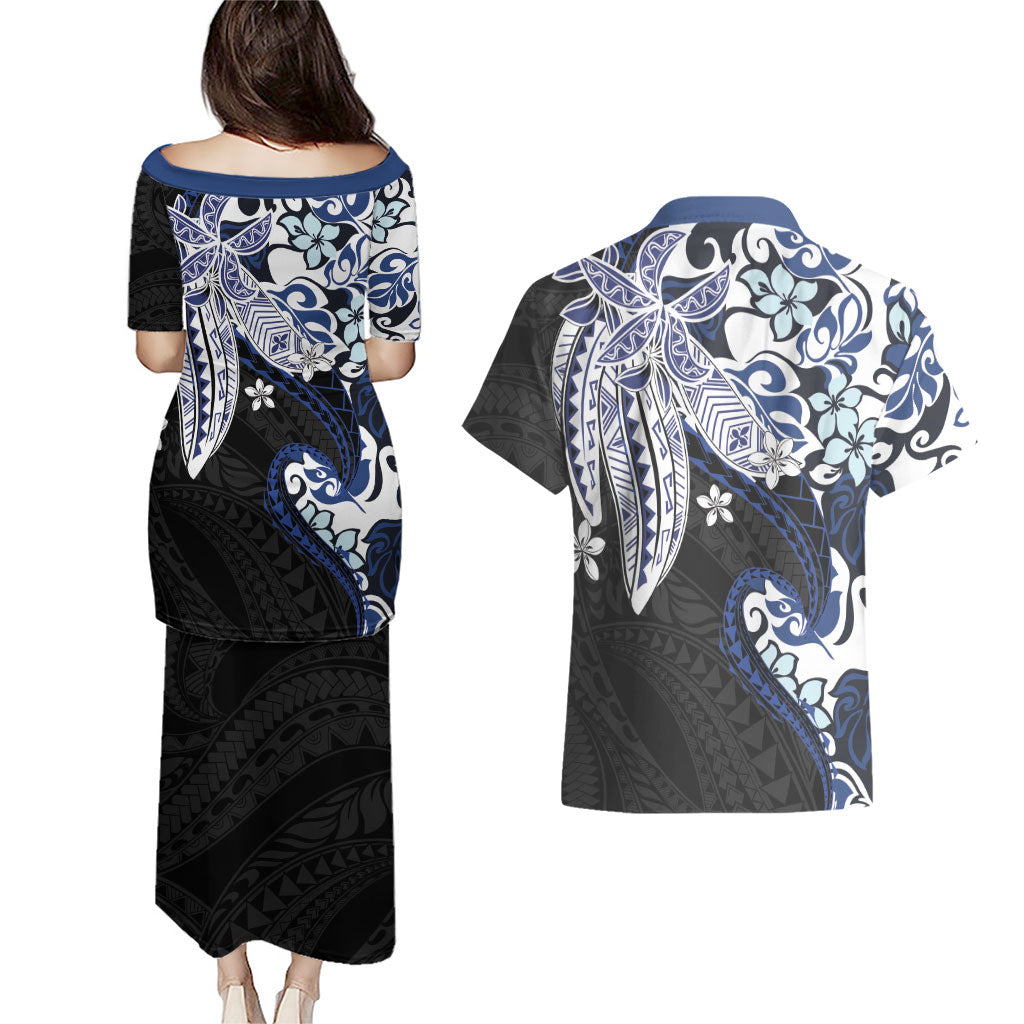Monstera Plumeria Flowers Blue Couples Matching Puletasi and Hawaiian Shirt Polynesian Pattern LT01 - Polynesian Pride