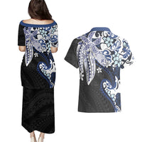 Monstera Plumeria Flowers Blue Couples Matching Puletasi and Hawaiian Shirt Polynesian Pattern LT01 - Polynesian Pride