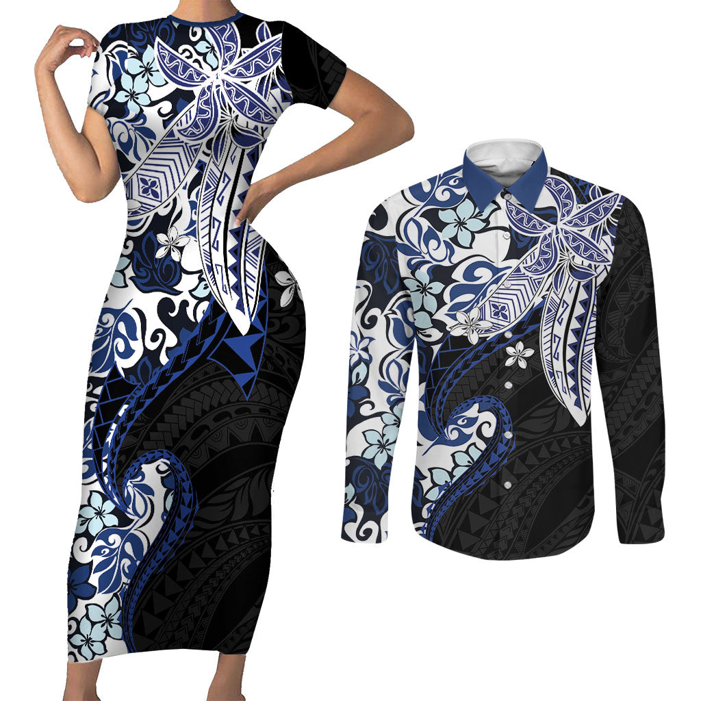 Monstera Plumeria Flowers Blue Couples Matching Short Sleeve Bodycon Dress and Long Sleeve Button Shirt Polynesian Pattern LT01 Blue - Polynesian Pride