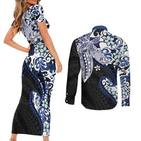 Monstera Plumeria Flowers Blue Couples Matching Short Sleeve Bodycon Dress and Long Sleeve Button Shirt Polynesian Pattern LT01 - Polynesian Pride