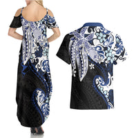 Monstera Plumeria Flowers Blue Couples Matching Summer Maxi Dress and Hawaiian Shirt Polynesian Pattern
