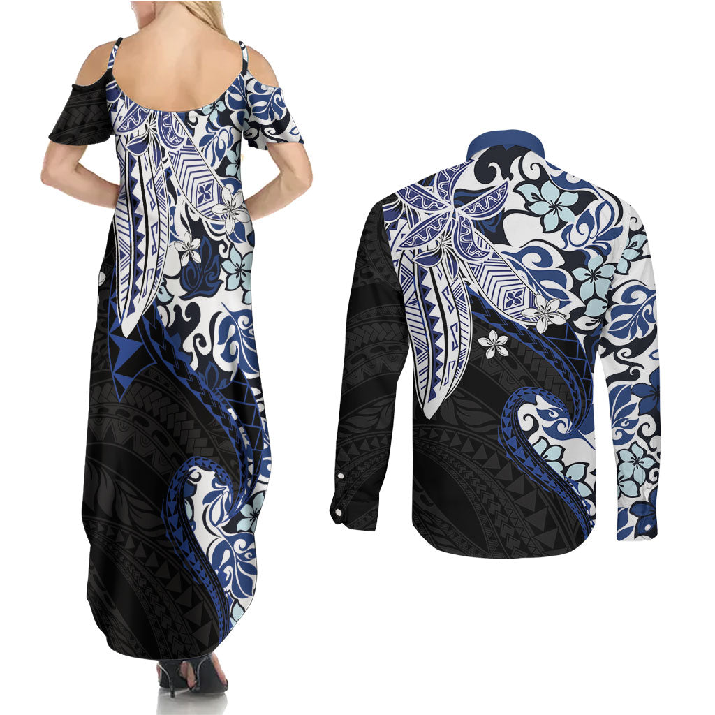 Monstera Plumeria Flowers Blue Couples Matching Summer Maxi Dress and Long Sleeve Button Shirt Polynesian Pattern LT01 - Polynesian Pride