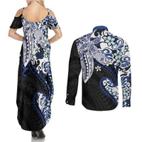 Monstera Plumeria Flowers Blue Couples Matching Summer Maxi Dress and Long Sleeve Button Shirt Polynesian Pattern LT01 - Polynesian Pride