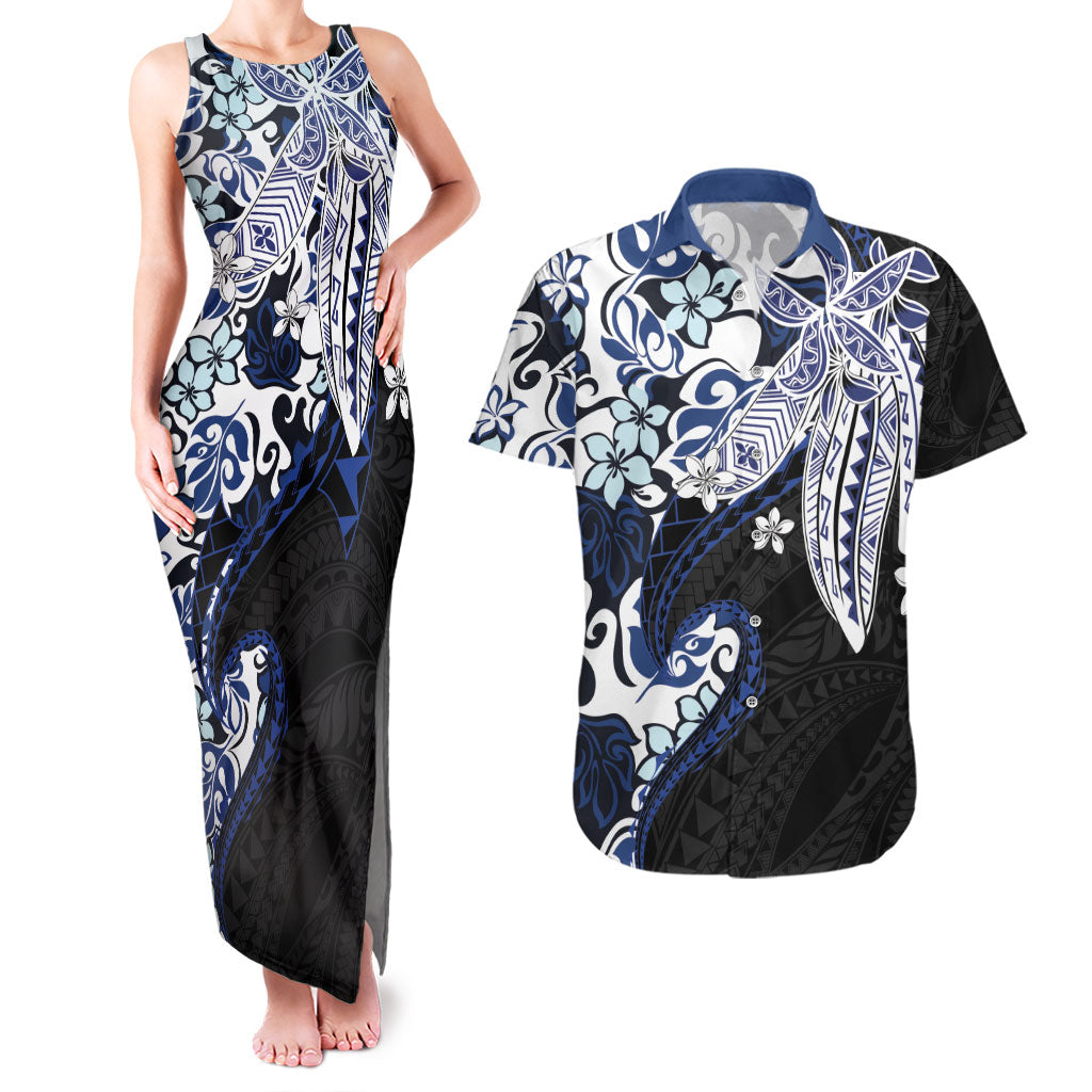 Monstera Plumeria Flowers Blue Couples Matching Tank Maxi Dress and Hawaiian Shirt Polynesian Pattern LT01 Blue - Polynesian Pride