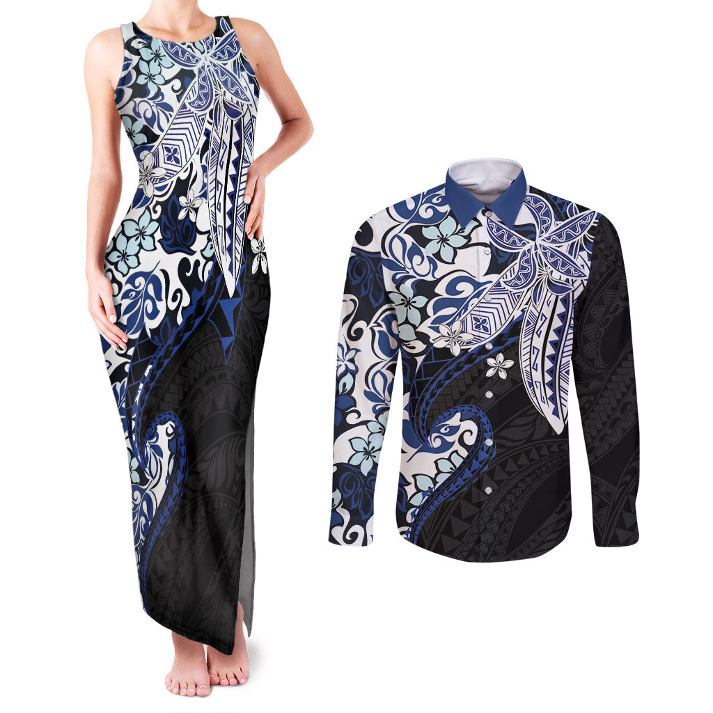 Monstera Plumeria Flowers Blue Couples Matching Tank Maxi Dress and Long Sleeve Button Shirt Polynesian Pattern LT01 Blue - Polynesian Pride