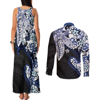 Monstera Plumeria Flowers Blue Couples Matching Tank Maxi Dress and Long Sleeve Button Shirt Polynesian Pattern LT01 - Polynesian Pride