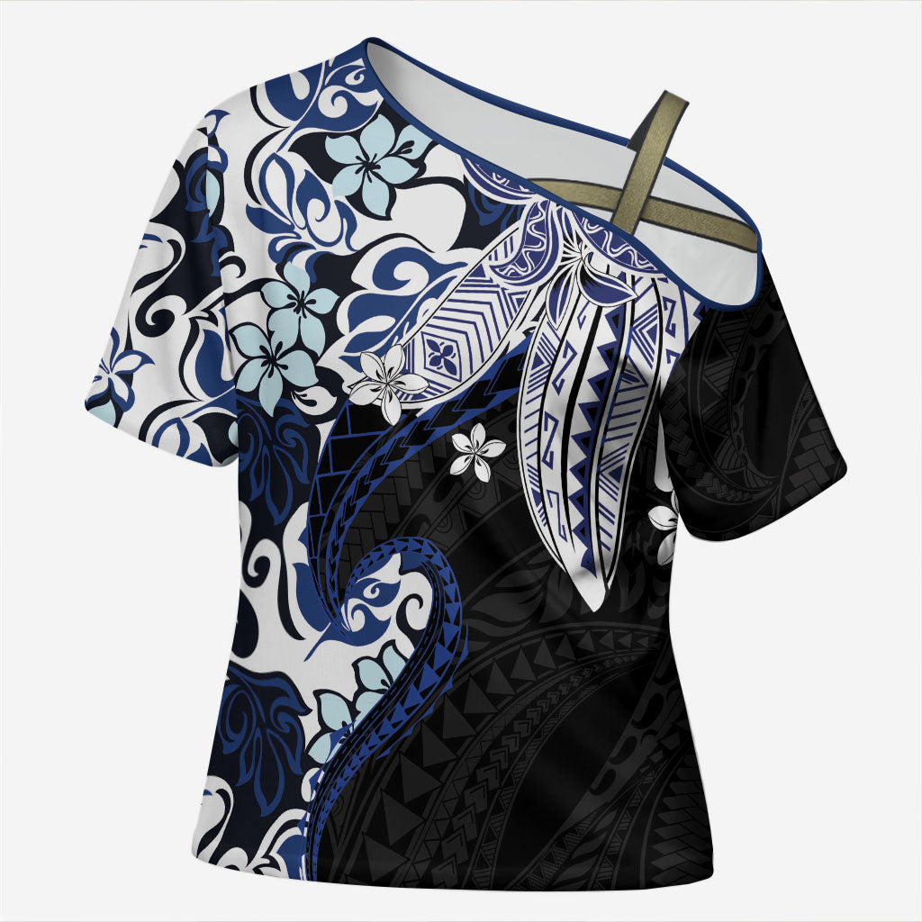 Monstera Plumeria Flowers Blue Cross Shoulder Shirt Polynesian Pattern LT01 Female Blue - Polynesian Pride