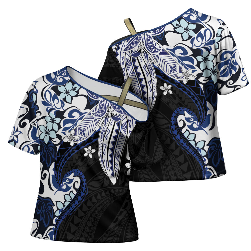 Monstera Plumeria Flowers Blue Cross Shoulder Shirt Polynesian Pattern LT01 - Polynesian Pride