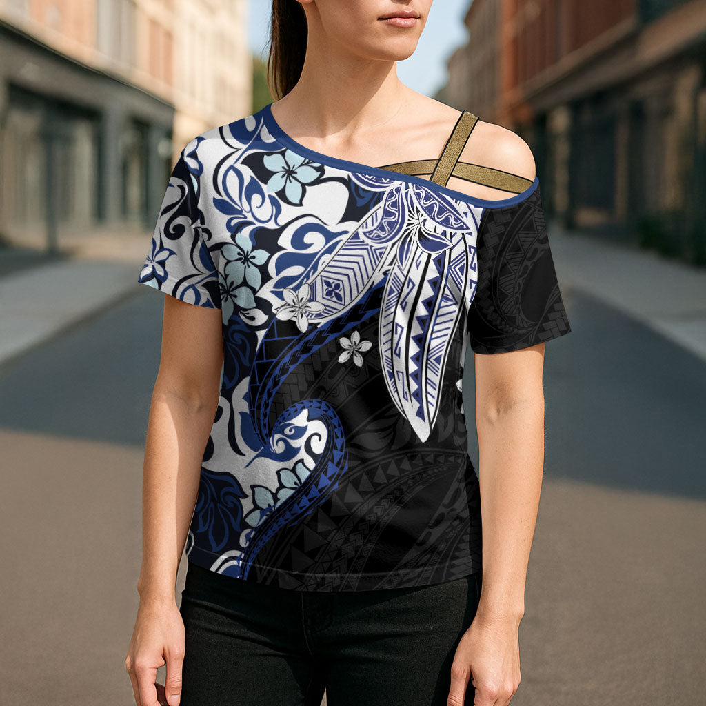 Monstera Plumeria Flowers Blue Cross Shoulder Shirt Polynesian Pattern LT01 - Polynesian Pride