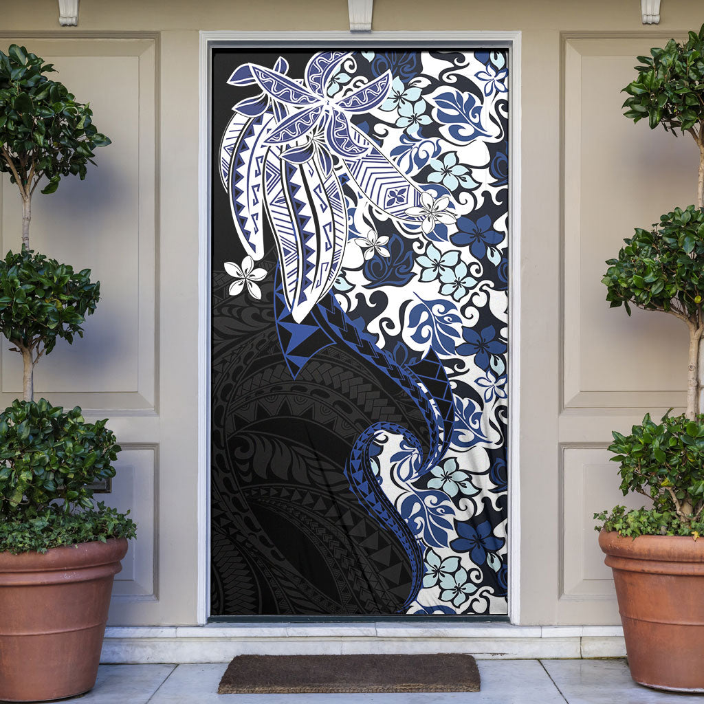 Monstera Plumeria Flowers Blue Door Cover Polynesian Pattern