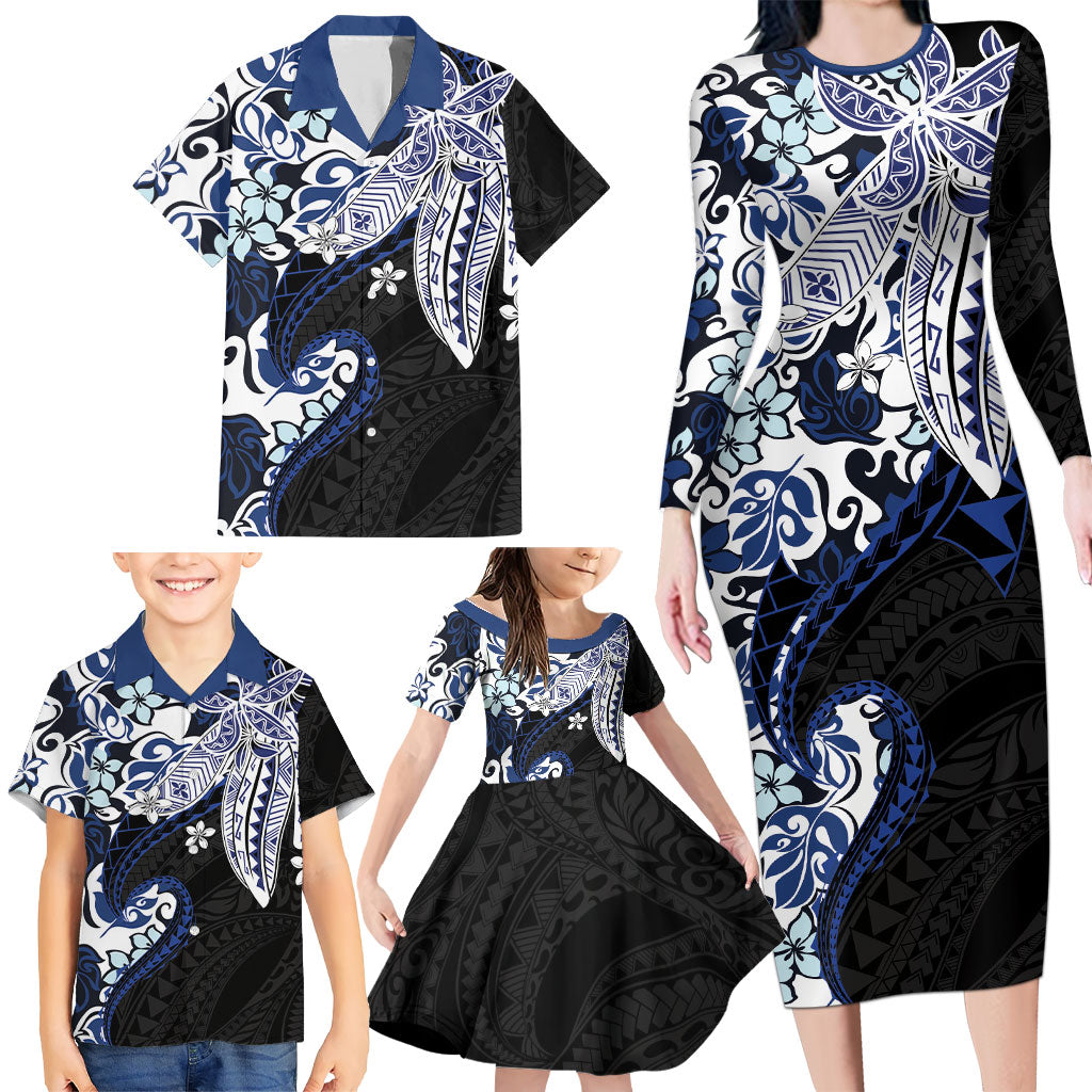 Monstera Plumeria Flowers Blue Family Matching Long Sleeve Bodycon Dress and Hawaiian Shirt Polynesian Pattern LT01 - Polynesian Pride