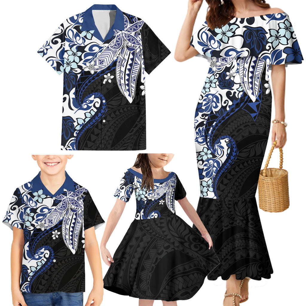 Monstera Plumeria Flowers Blue Family Matching Mermaid Dress and Hawaiian Shirt Polynesian Pattern LT01 - Polynesian Pride