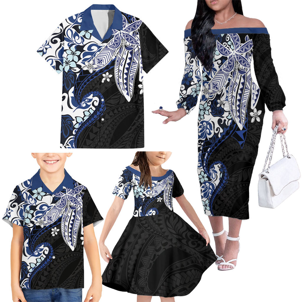 Monstera Plumeria Flowers Blue Family Matching Off The Shoulder Long Sleeve Dress and Hawaiian Shirt Polynesian Pattern LT01 - Polynesian Pride