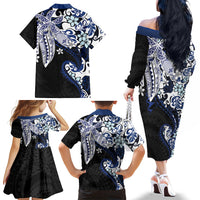Monstera Plumeria Flowers Blue Family Matching Off The Shoulder Long Sleeve Dress and Hawaiian Shirt Polynesian Pattern