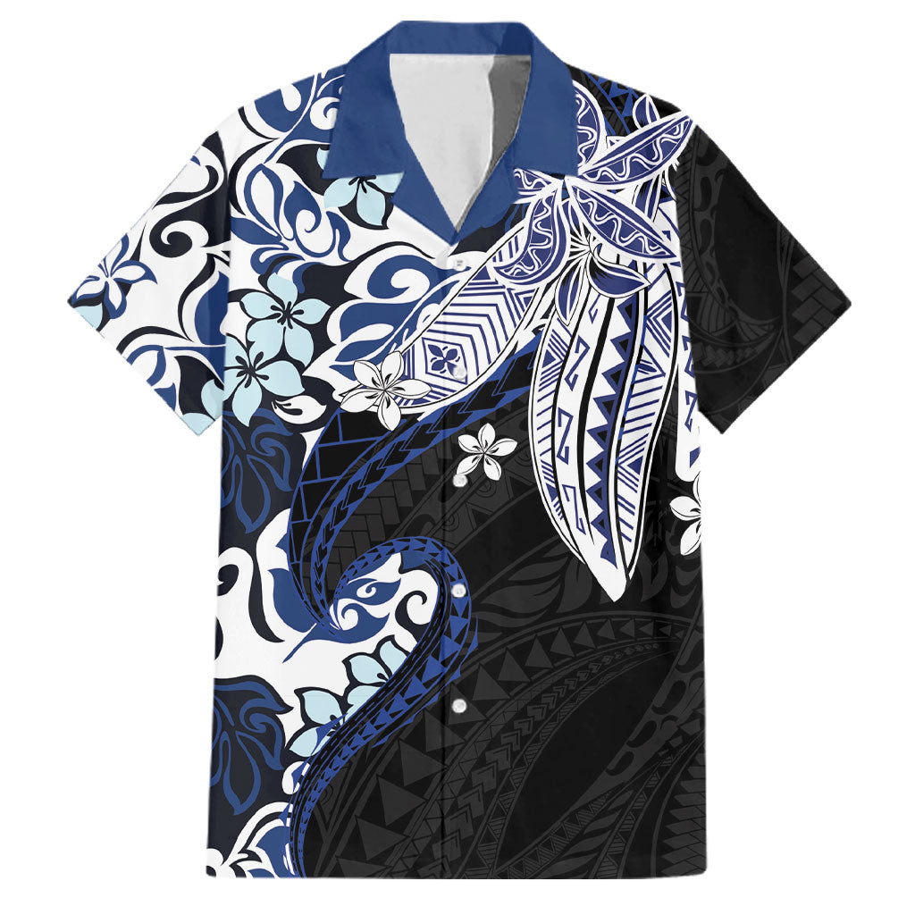 Monstera Plumeria Flowers Blue Family Matching Off The Shoulder Long Sleeve Dress and Hawaiian Shirt Polynesian Pattern