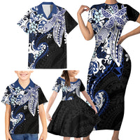 Monstera Plumeria Flowers Blue Family Matching Short Sleeve Bodycon Dress and Hawaiian Shirt Polynesian Pattern