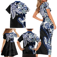 Monstera Plumeria Flowers Blue Family Matching Short Sleeve Bodycon Dress and Hawaiian Shirt Polynesian Pattern