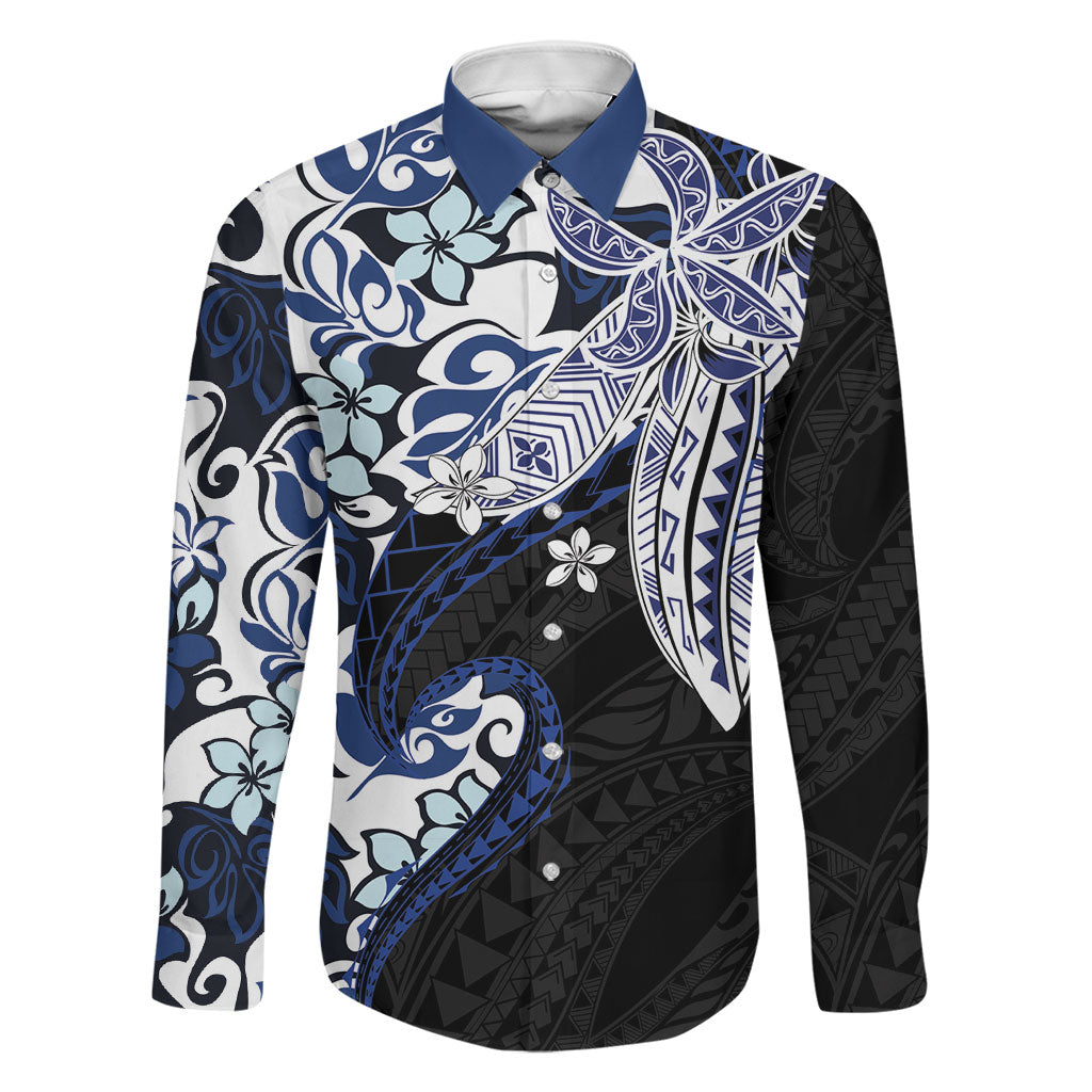 Monstera Plumeria Flowers Blue Family Matching Short Sleeve Bodycon Dress and Hawaiian Shirt Polynesian Pattern