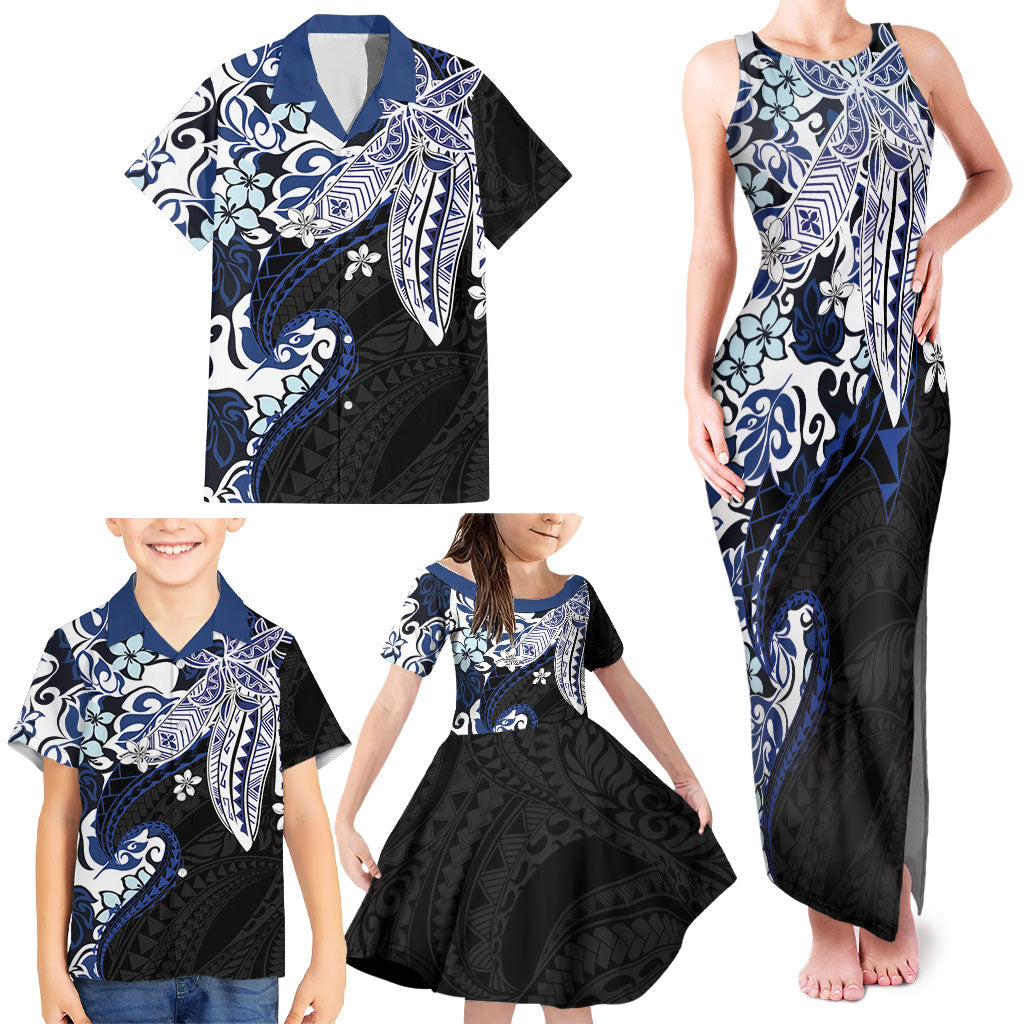 Monstera Plumeria Flowers Blue Family Matching Tank Maxi Dress and Hawaiian Shirt Polynesian Pattern LT01 - Polynesian Pride