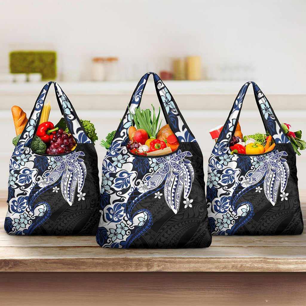 Monstera Plumeria Flowers Blue Grocery Bag Polynesian Pattern LT01 3-pack One Size Blue - Polynesian Pride