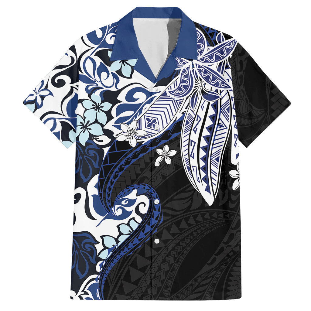 Monstera Plumeria Flowers Blue Hawaiian Shirt Polynesian Pattern
