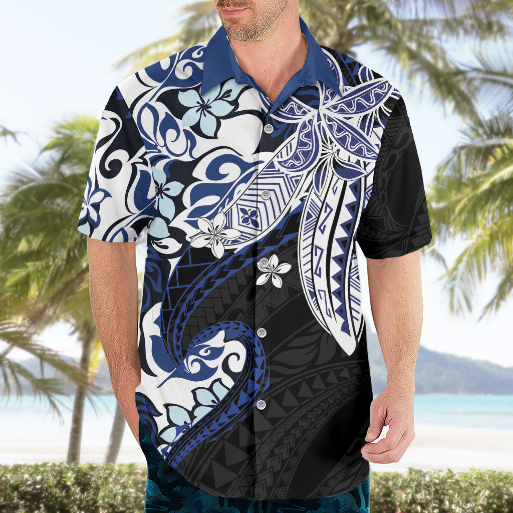 Monstera Plumeria Flowers Blue Hawaiian Shirt Polynesian Pattern