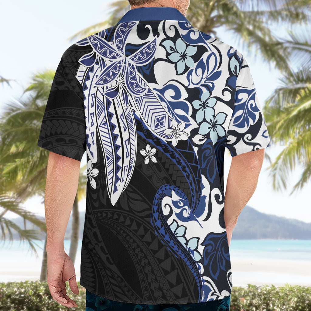 Monstera Plumeria Flowers Blue Hawaiian Shirt Polynesian Pattern