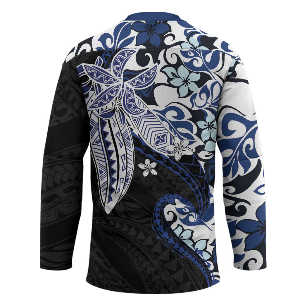 Monstera Plumeria Flowers Blue Hockey Jersey Polynesian Pattern LT01 - Polynesian Pride