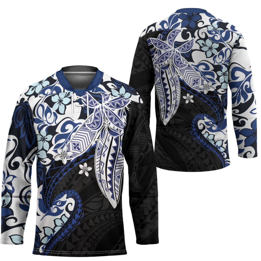Monstera Plumeria Flowers Blue Hockey Jersey Polynesian Pattern LT01 - Polynesian Pride