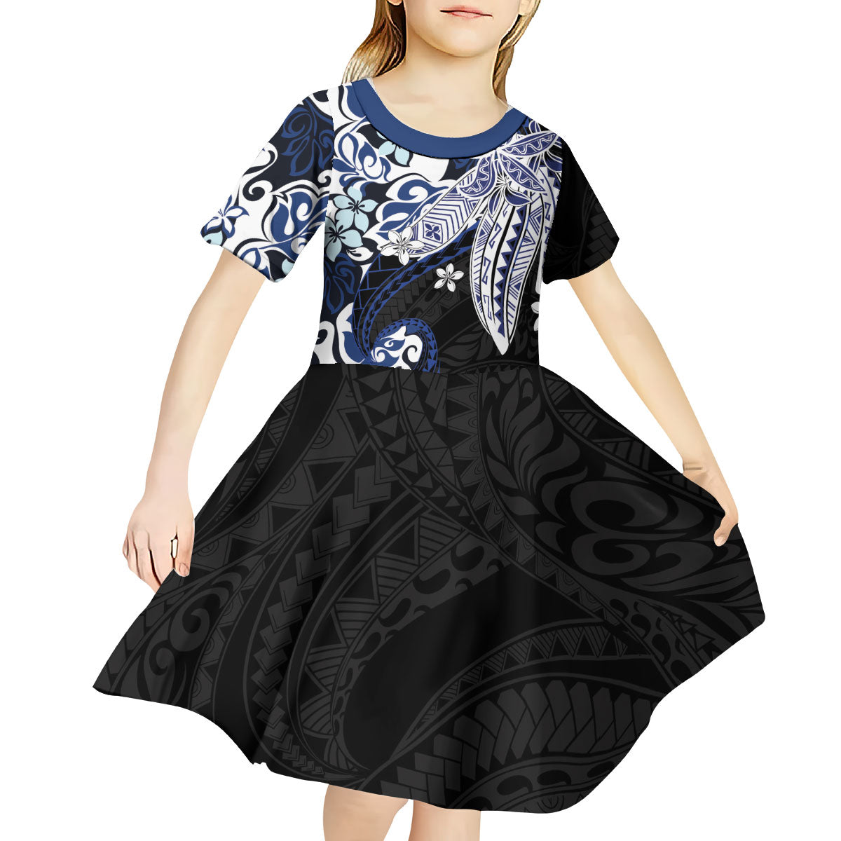 Monstera Plumeria Flowers Blue Kid Short Sleeve Dress Polynesian Pattern LT01 - Polynesian Pride