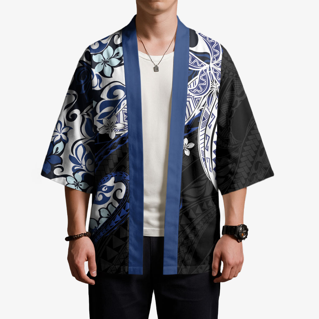 Monstera Plumeria Flowers Blue Kimono Polynesian Pattern LT01 - Polynesian Pride