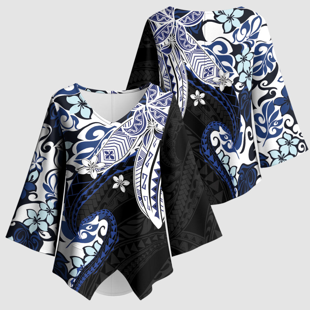 Monstera Plumeria Flowers Blue Kimono Sleeve Blouse Polynesian Pattern LT01 - Polynesian Pride