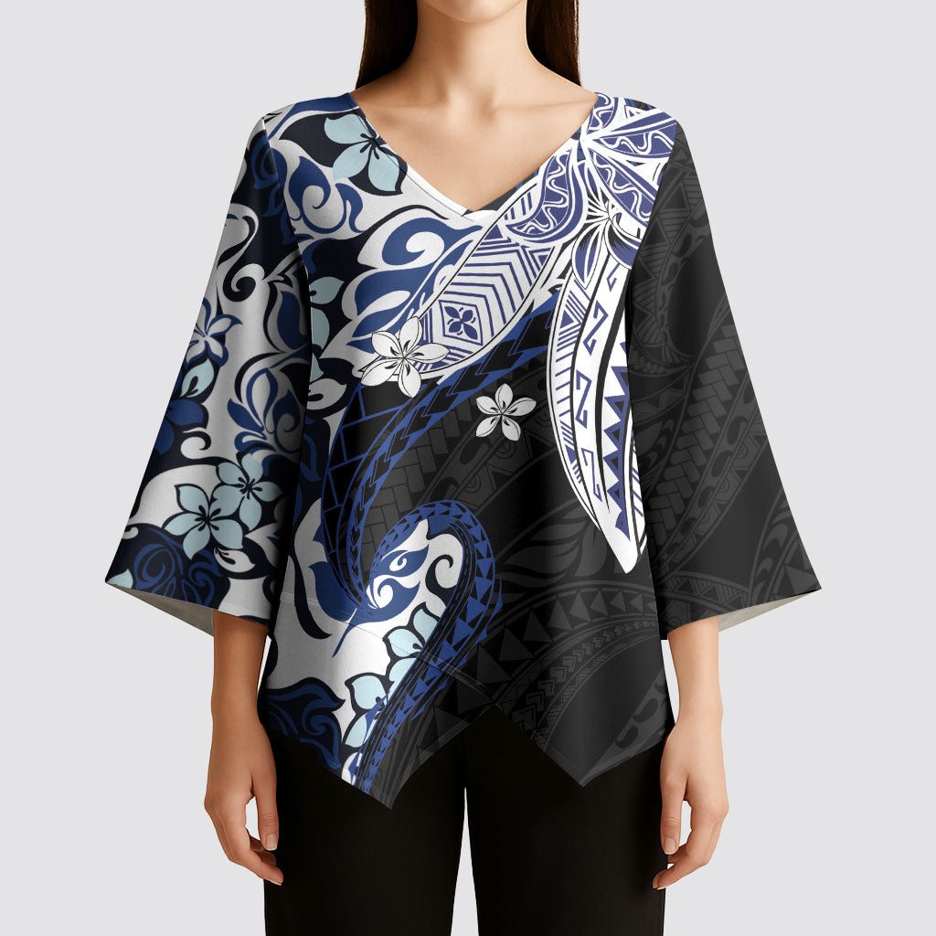 Monstera Plumeria Flowers Blue Kimono Sleeve Blouse Polynesian Pattern LT01 - Polynesian Pride