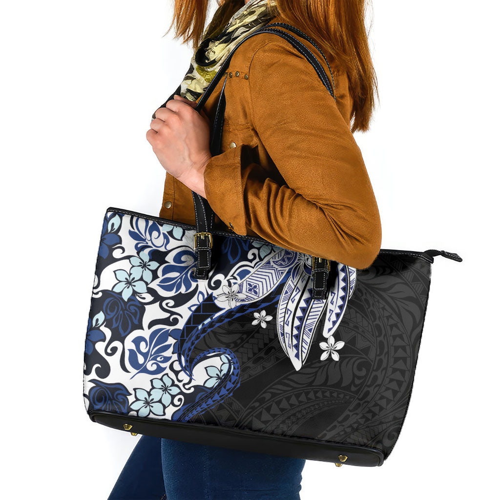 Monstera Plumeria Flowers Blue Leather Tote Bag Polynesian Pattern LT01 Blue - Polynesian Pride