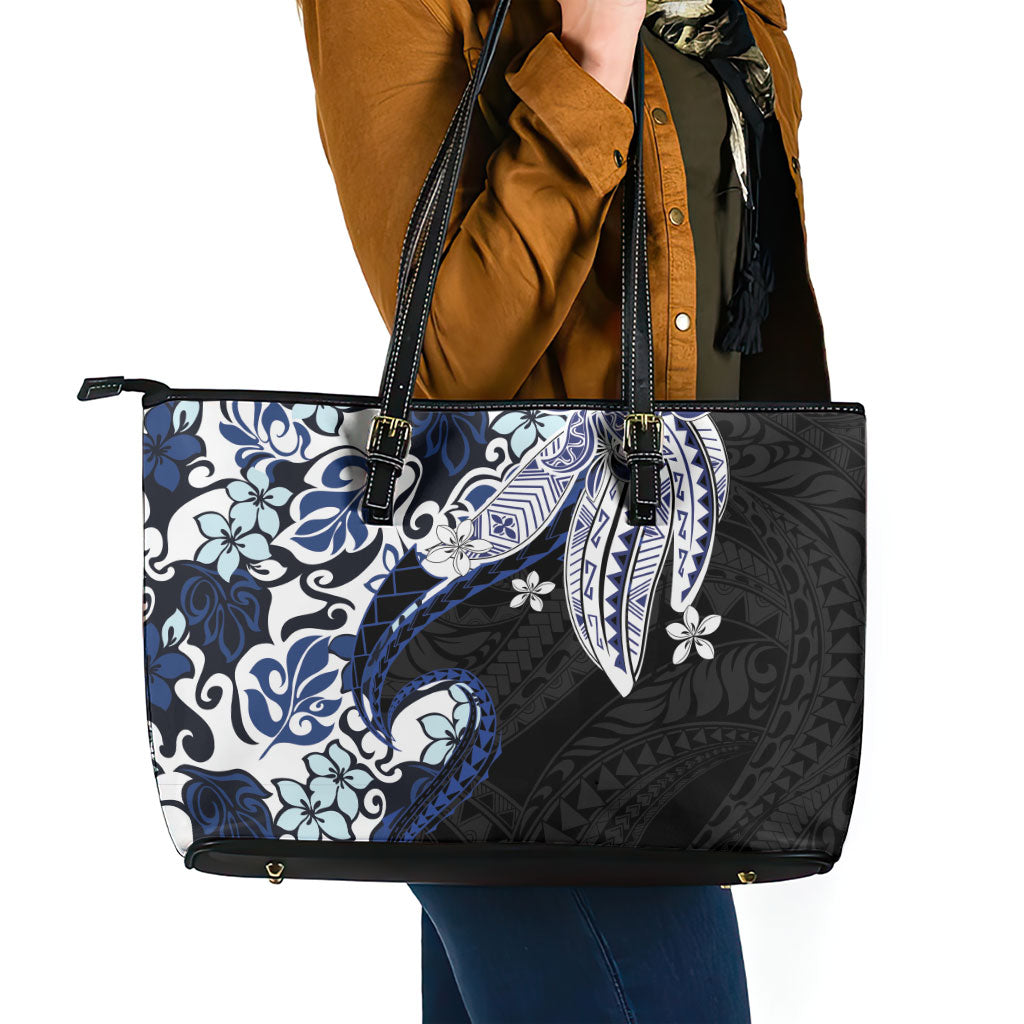 Monstera Plumeria Flowers Blue Leather Tote Bag Polynesian Pattern LT01 - Polynesian Pride