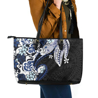 Monstera Plumeria Flowers Blue Leather Tote Bag Polynesian Pattern LT01 - Polynesian Pride