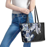 Monstera Plumeria Flowers Blue Leather Tote Bag Polynesian Pattern LT01 - Polynesian Pride